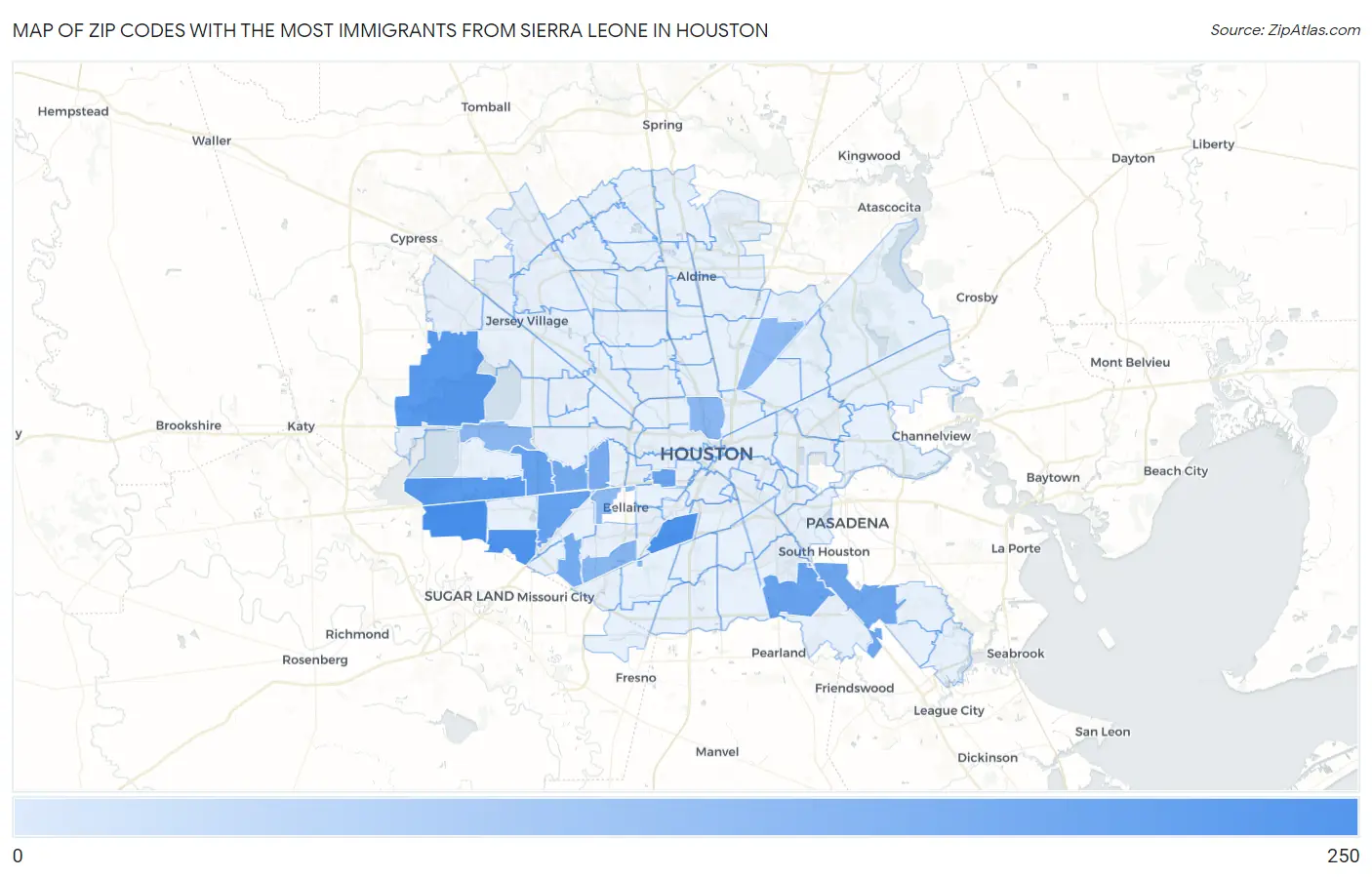Zip Codes with the Most Immigrants from Sierra Leone in Houston Map