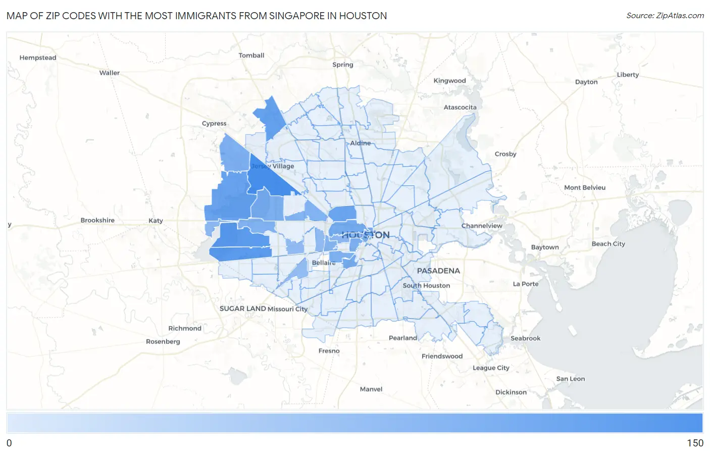 Zip Codes with the Most Immigrants from Singapore in Houston Map