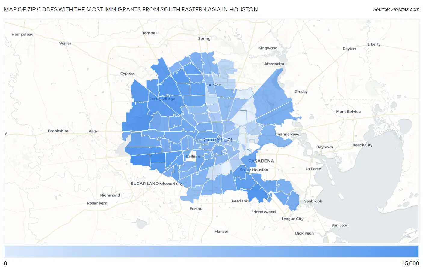 Zip Codes with the Most Immigrants from South Eastern Asia in Houston Map