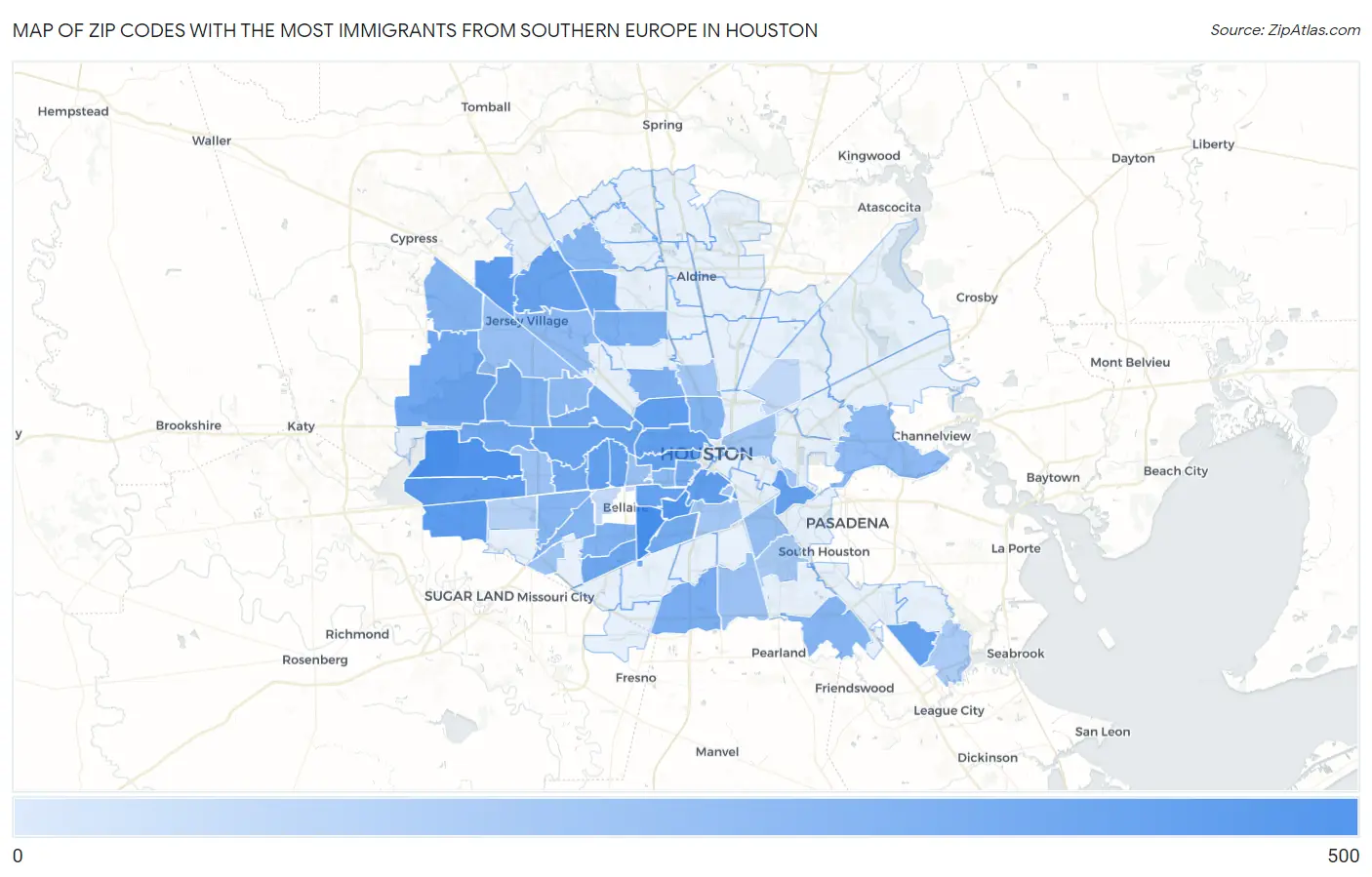 Zip Codes with the Most Immigrants from Southern Europe in Houston Map