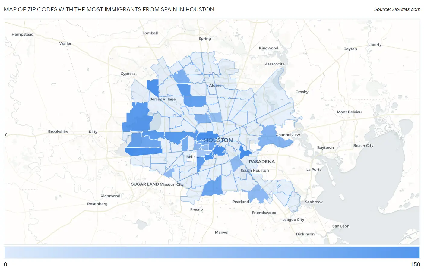 Zip Codes with the Most Immigrants from Spain in Houston Map