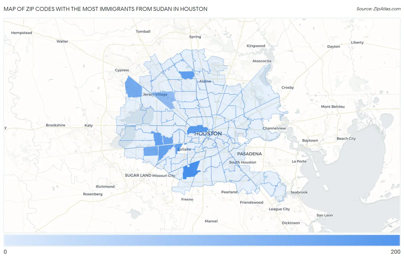 Zip Codes with the Most Immigrants from Sudan in Houston Map