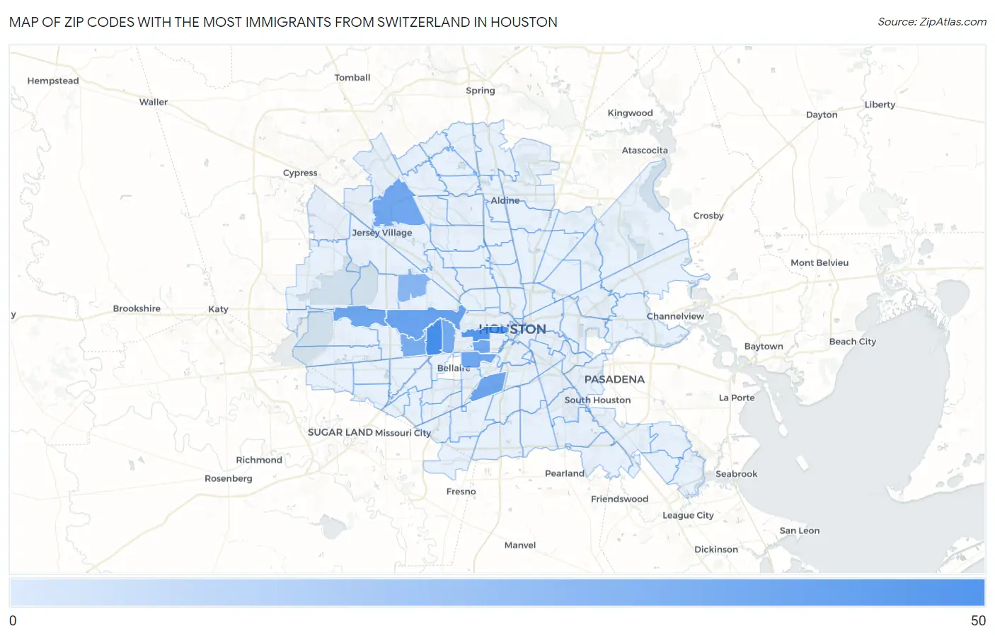 Zip Codes with the Most Immigrants from Switzerland in Houston Map