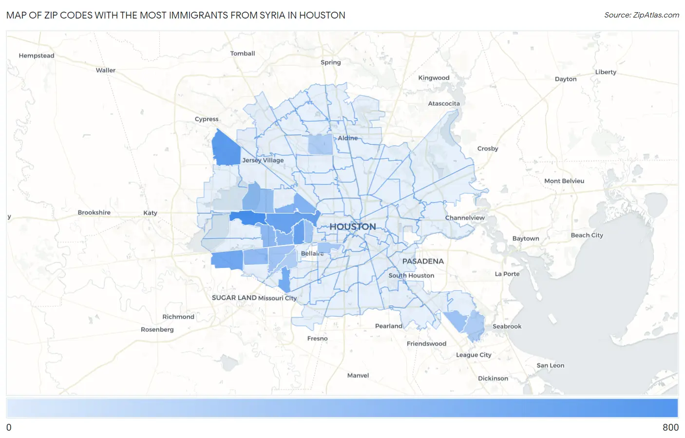 Zip Codes with the Most Immigrants from Syria in Houston Map