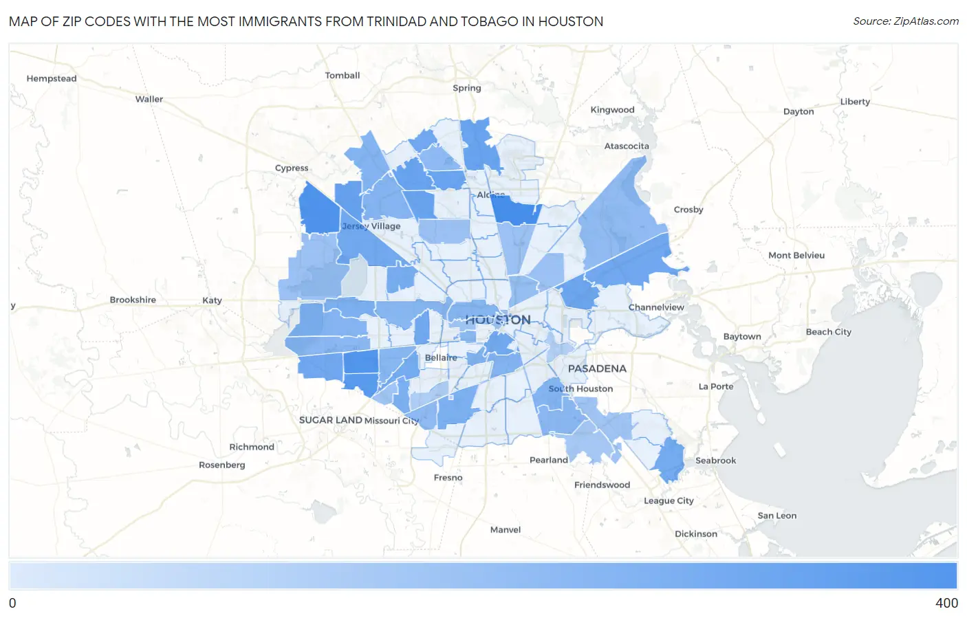 Zip Codes with the Most Immigrants from Trinidad and Tobago in Houston Map