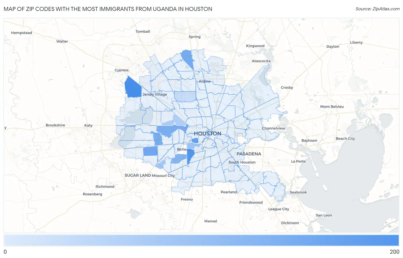 Zip Codes with the Most Immigrants from Uganda in Houston Map