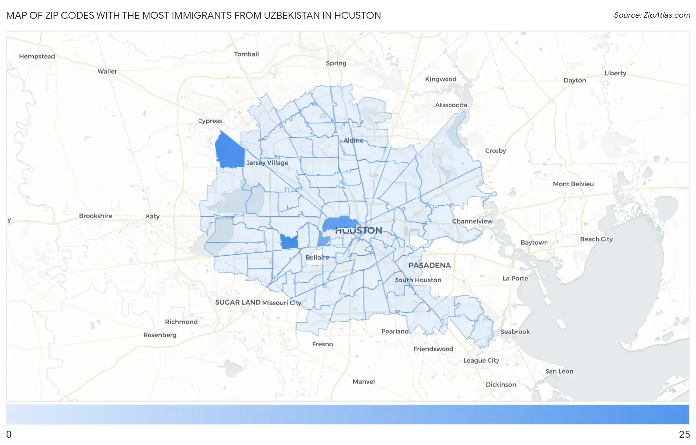 Zip Codes with the Most Immigrants from Uzbekistan in Houston Map