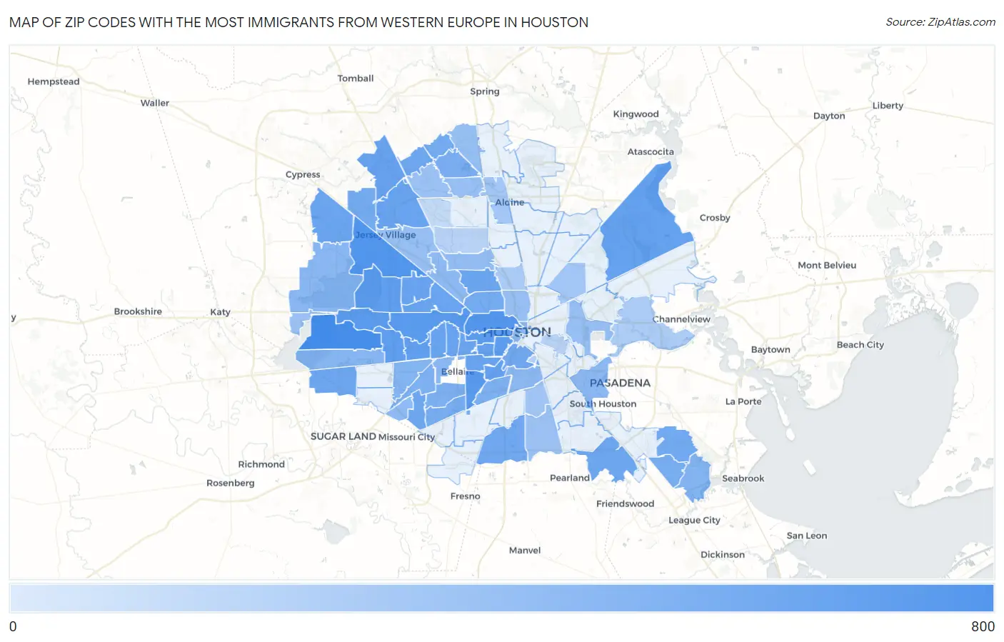 Zip Codes with the Most Immigrants from Western Europe in Houston Map
