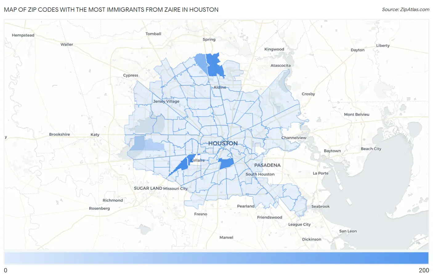 Zip Codes with the Most Immigrants from Zaire in Houston Map