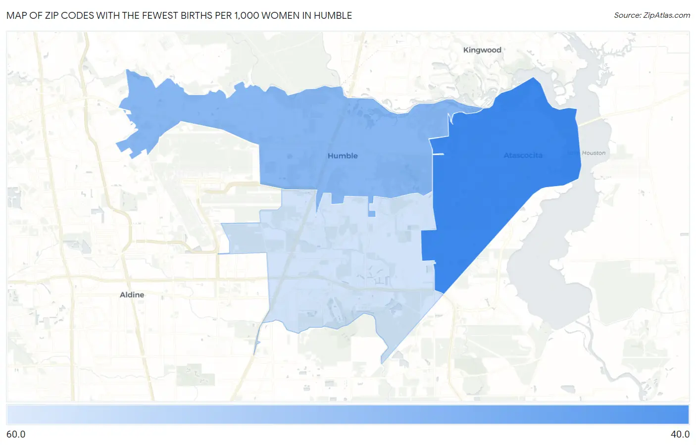 Zip Codes with the Fewest Births per 1,000 Women in Humble Map