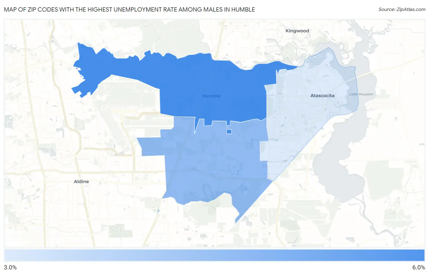 Zip Codes with the Highest Unemployment Rate Among Males in Humble Map