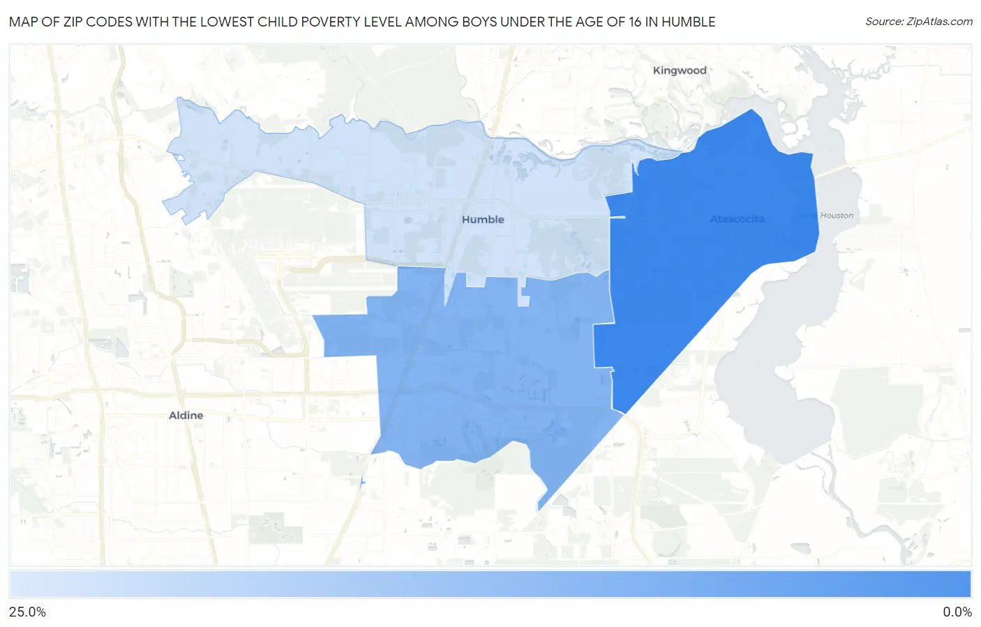 Zip Codes with the Lowest Child Poverty Level Among Boys Under the Age of 16 in Humble Map