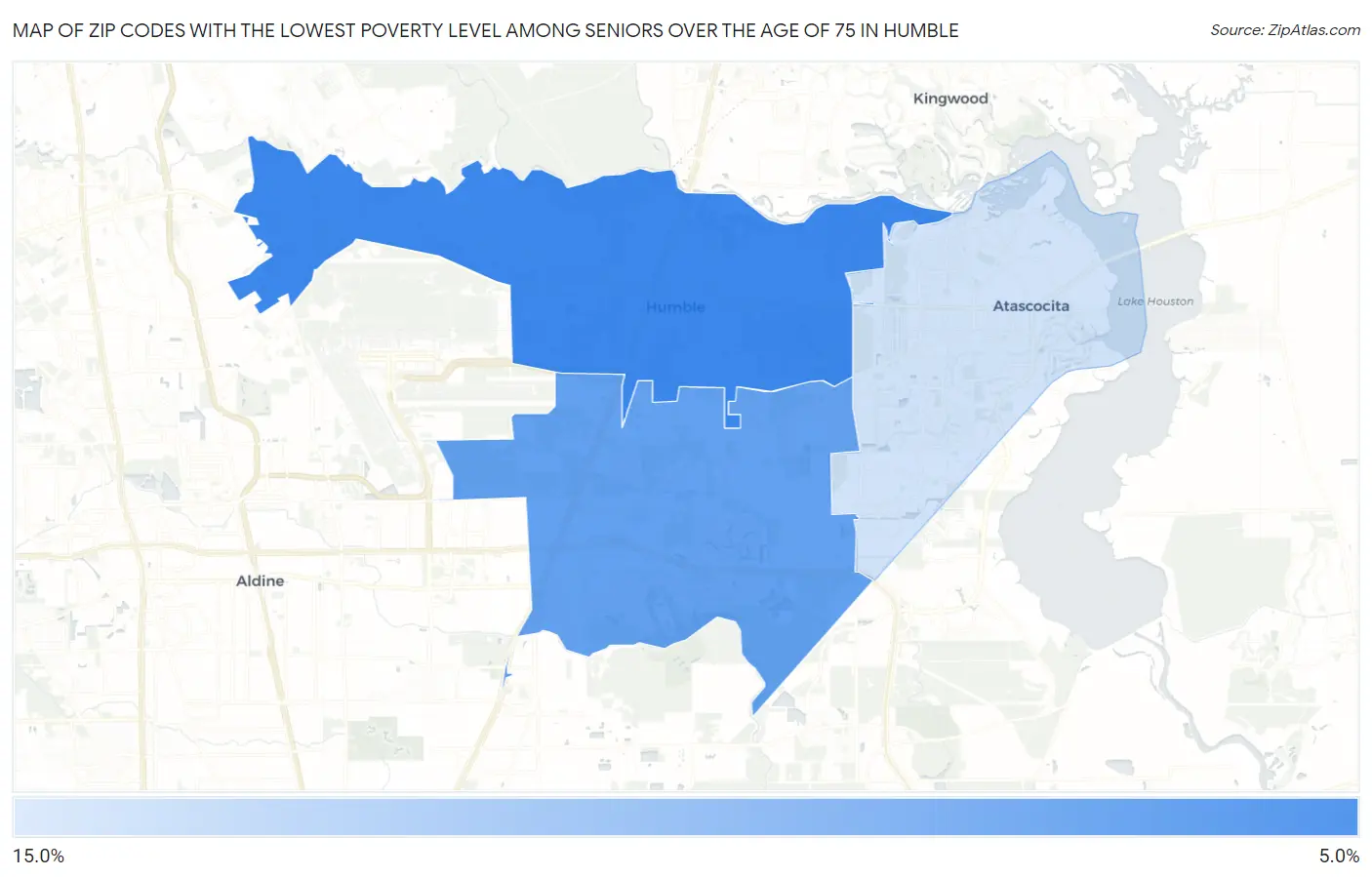 Zip Codes with the Lowest Poverty Level Among Seniors Over the Age of 75 in Humble Map