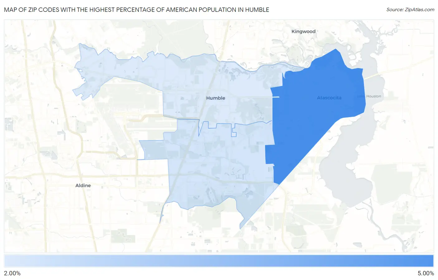 Zip Codes with the Highest Percentage of American Population in Humble Map