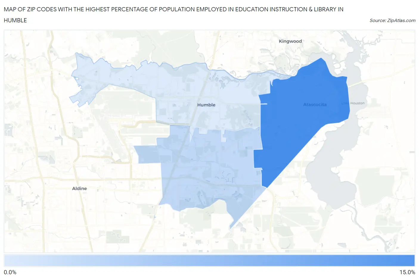Zip Codes with the Highest Percentage of Population Employed in Education Instruction & Library in Humble Map