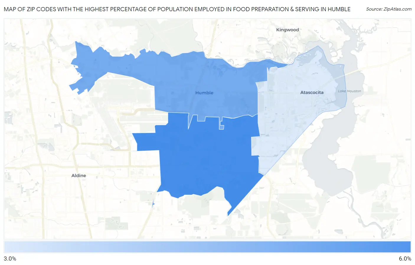 Zip Codes with the Highest Percentage of Population Employed in Food Preparation & Serving in Humble Map