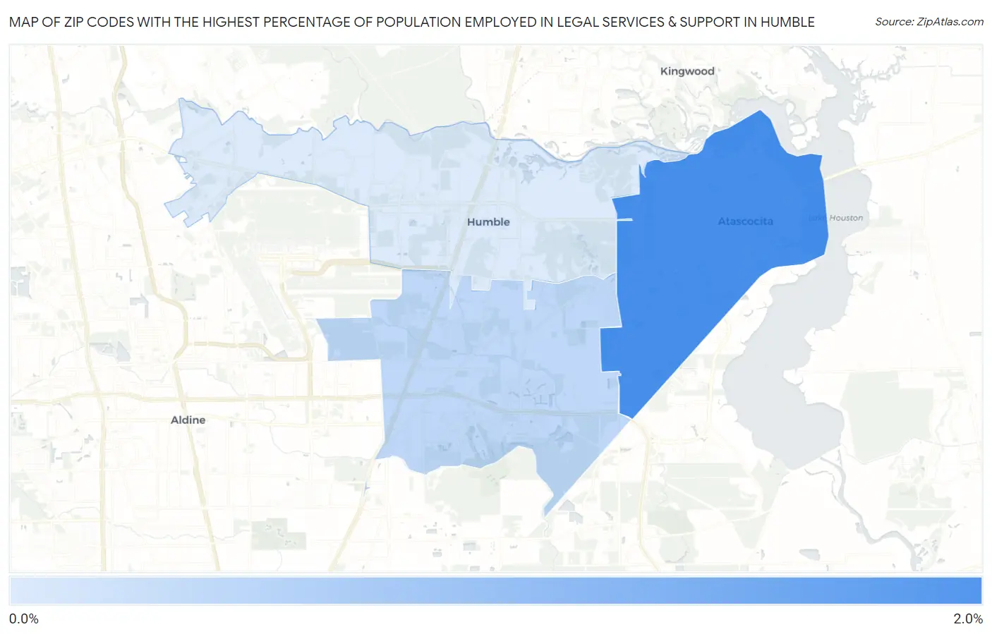 Zip Codes with the Highest Percentage of Population Employed in Legal Services & Support in Humble Map
