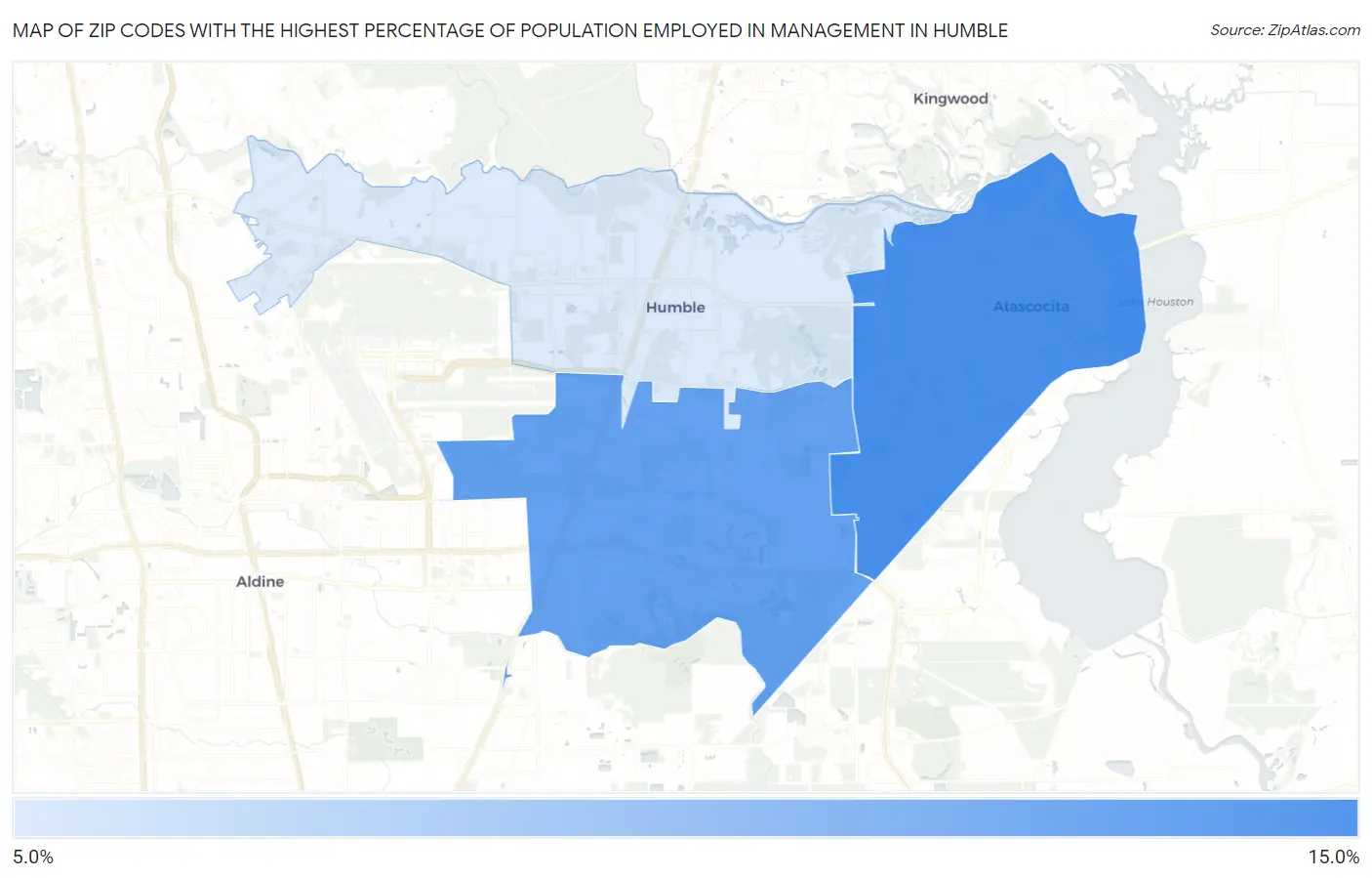 Zip Codes with the Highest Percentage of Population Employed in Management in Humble Map
