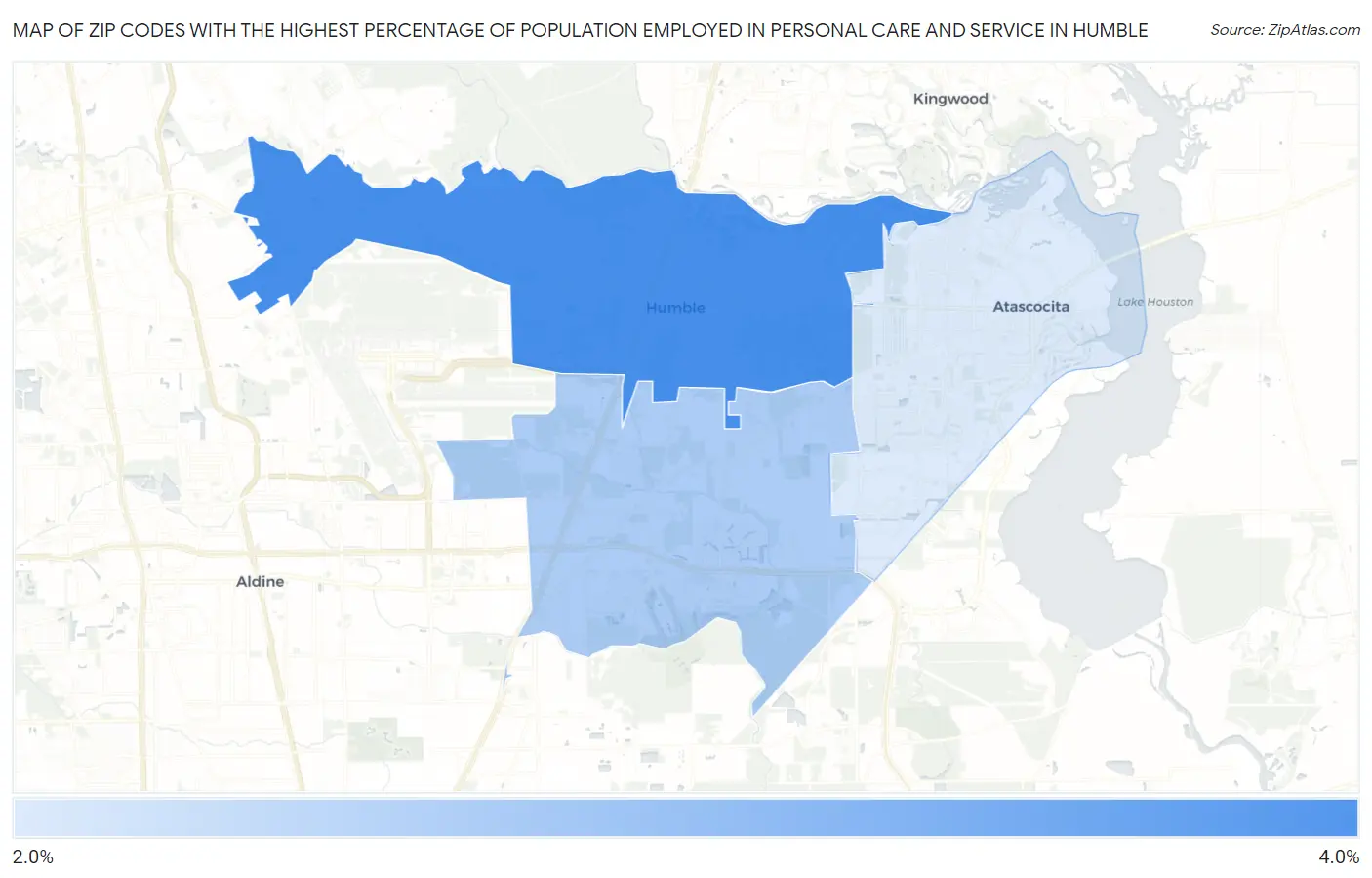 Zip Codes with the Highest Percentage of Population Employed in Personal Care and Service in Humble Map
