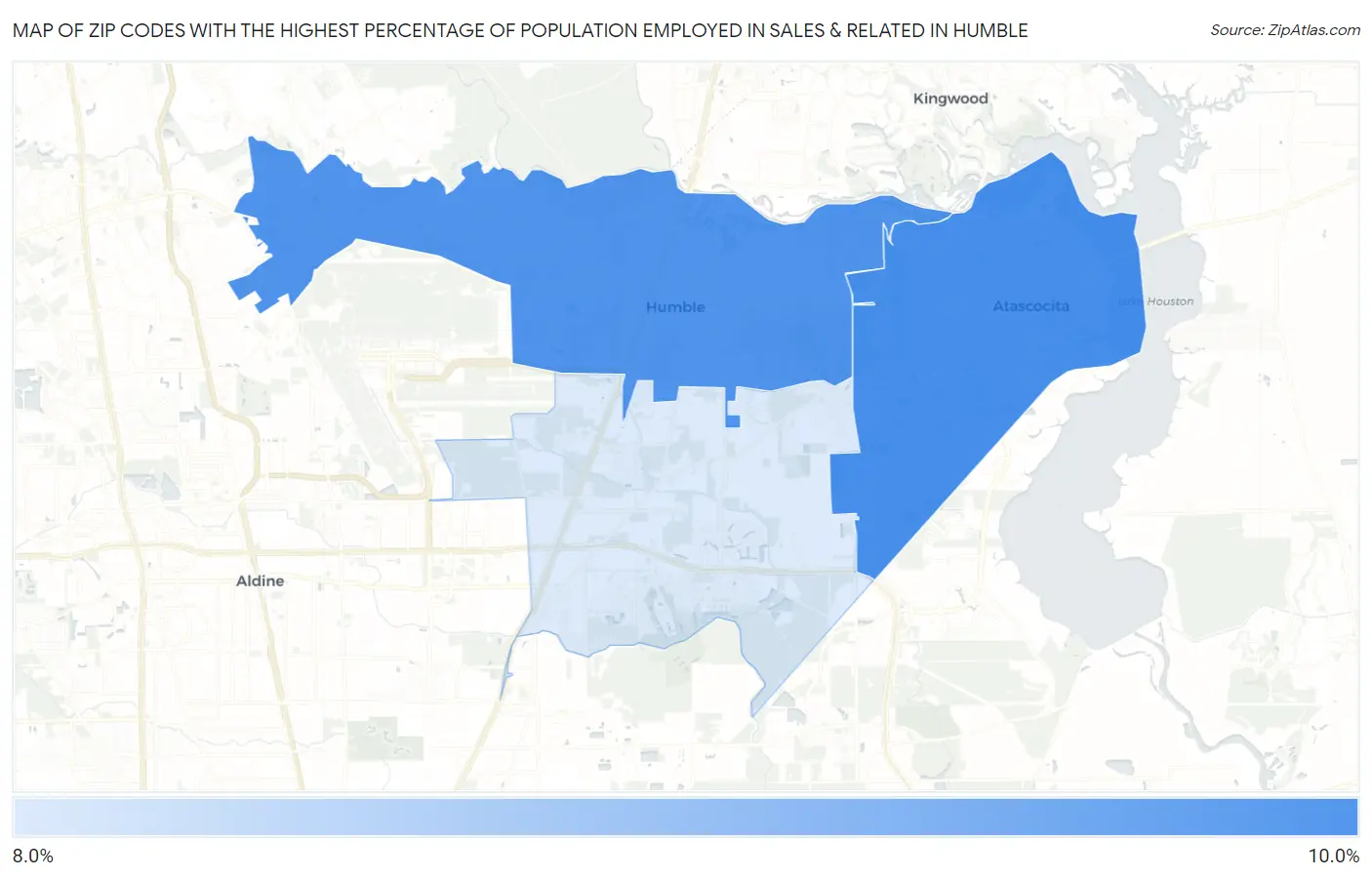 Zip Codes with the Highest Percentage of Population Employed in Sales & Related in Humble Map