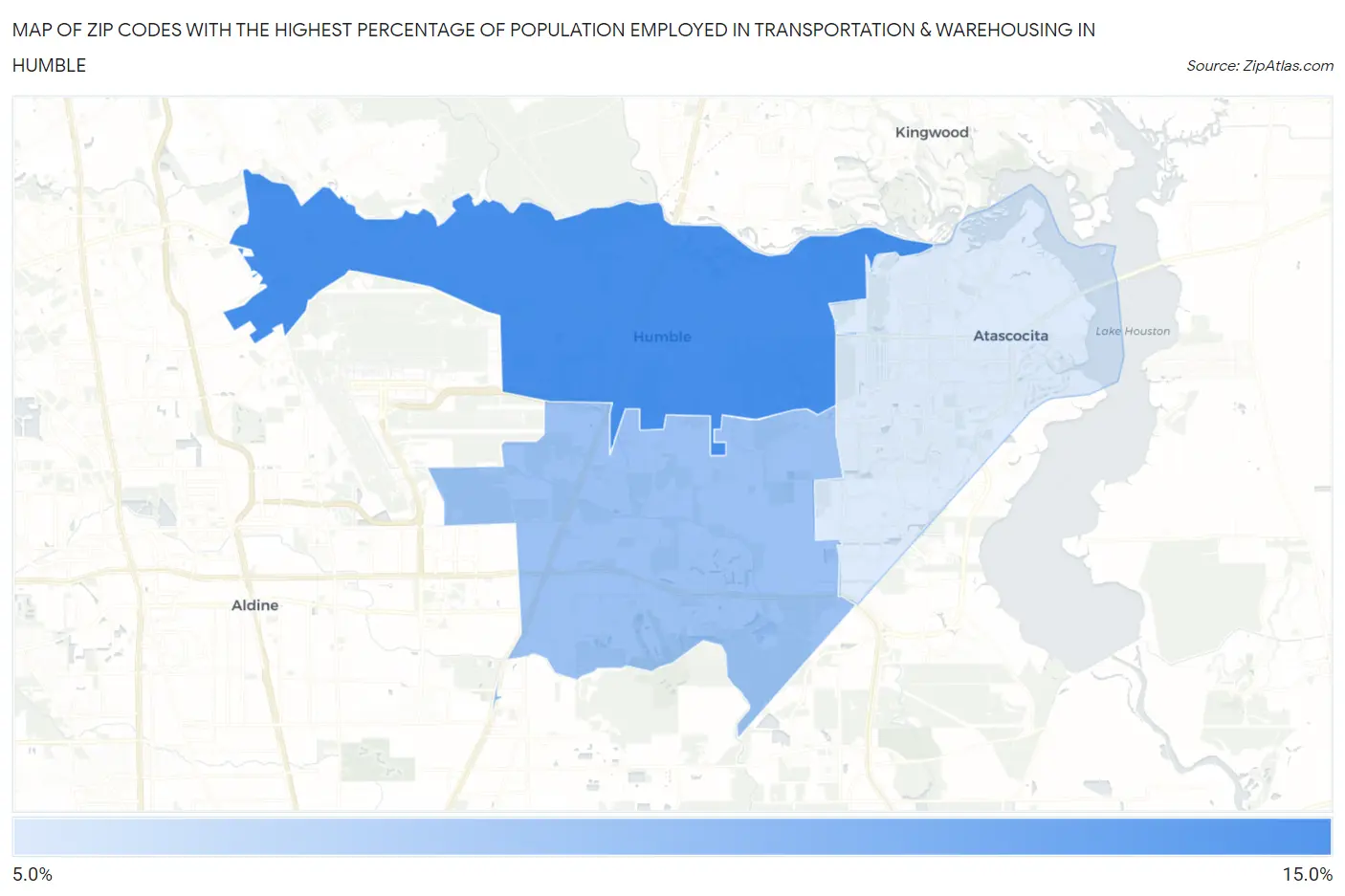 Zip Codes with the Highest Percentage of Population Employed in Transportation & Warehousing in Humble Map