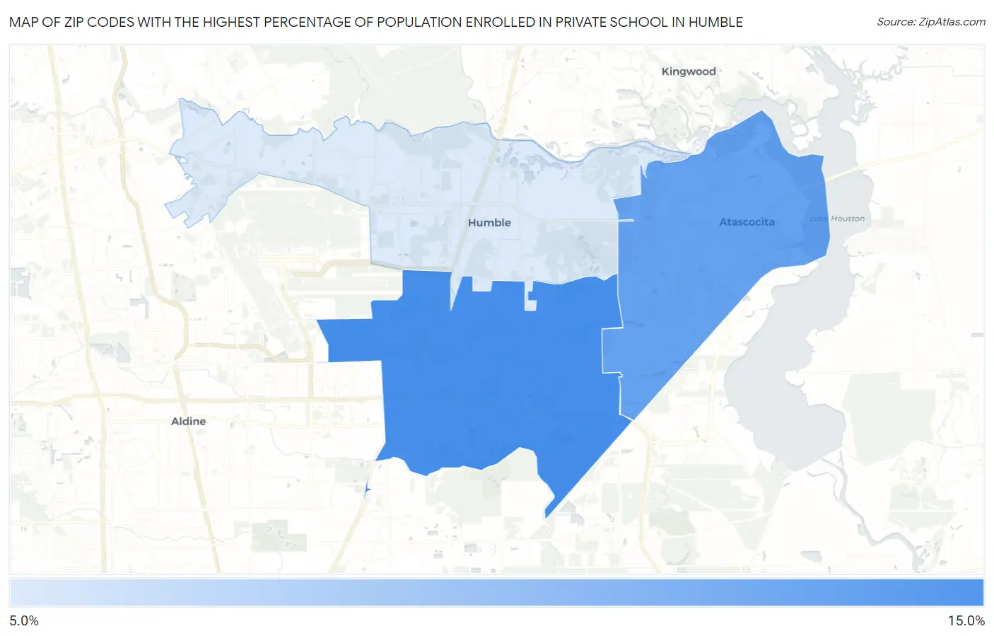 Zip Codes with the Highest Percentage of Population Enrolled in Private School in Humble Map