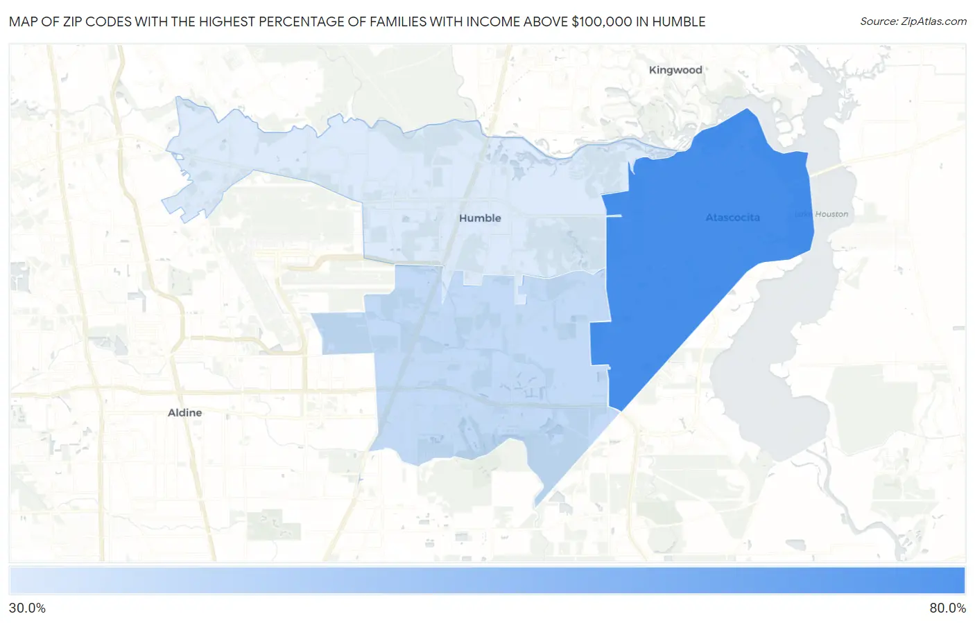Zip Codes with the Highest Percentage of Families with Income Above $100,000 in Humble Map