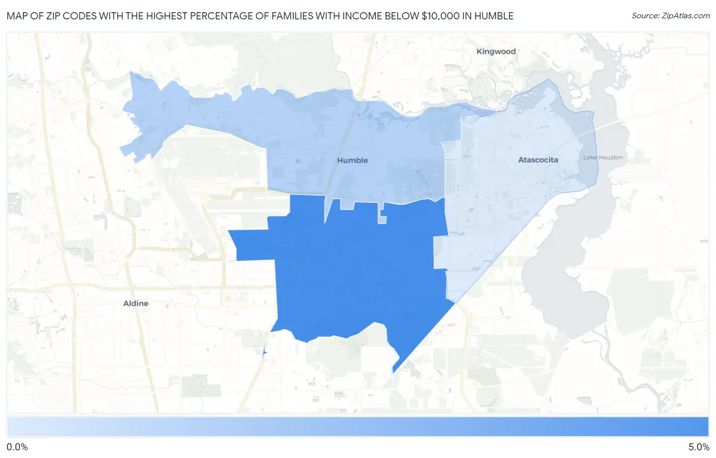 Zip Codes with the Highest Percentage of Families with Income Below $10,000 in Humble Map