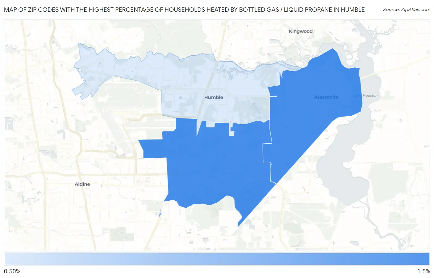 Zip Codes with the Highest Percentage of Households Heated by Bottled Gas / Liquid Propane in Humble Map