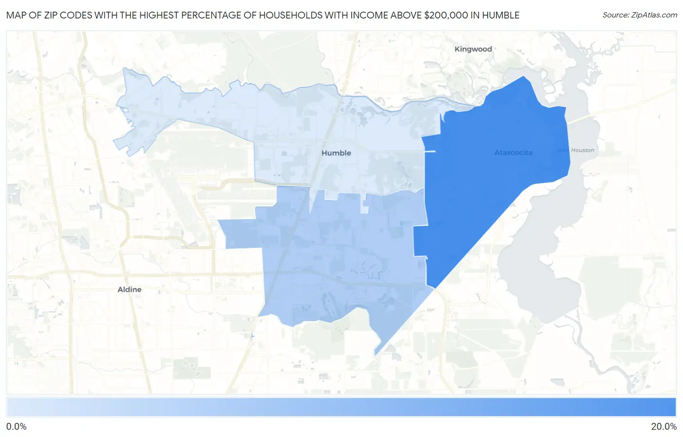 Zip Codes with the Highest Percentage of Households with Income Above $200,000 in Humble Map