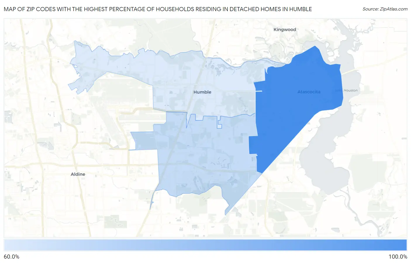 Zip Codes with the Highest Percentage of Households Residing in Detached Homes in Humble Map