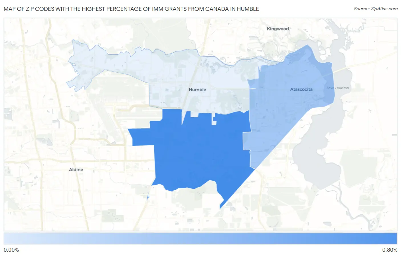 Zip Codes with the Highest Percentage of Immigrants from Canada in Humble Map
