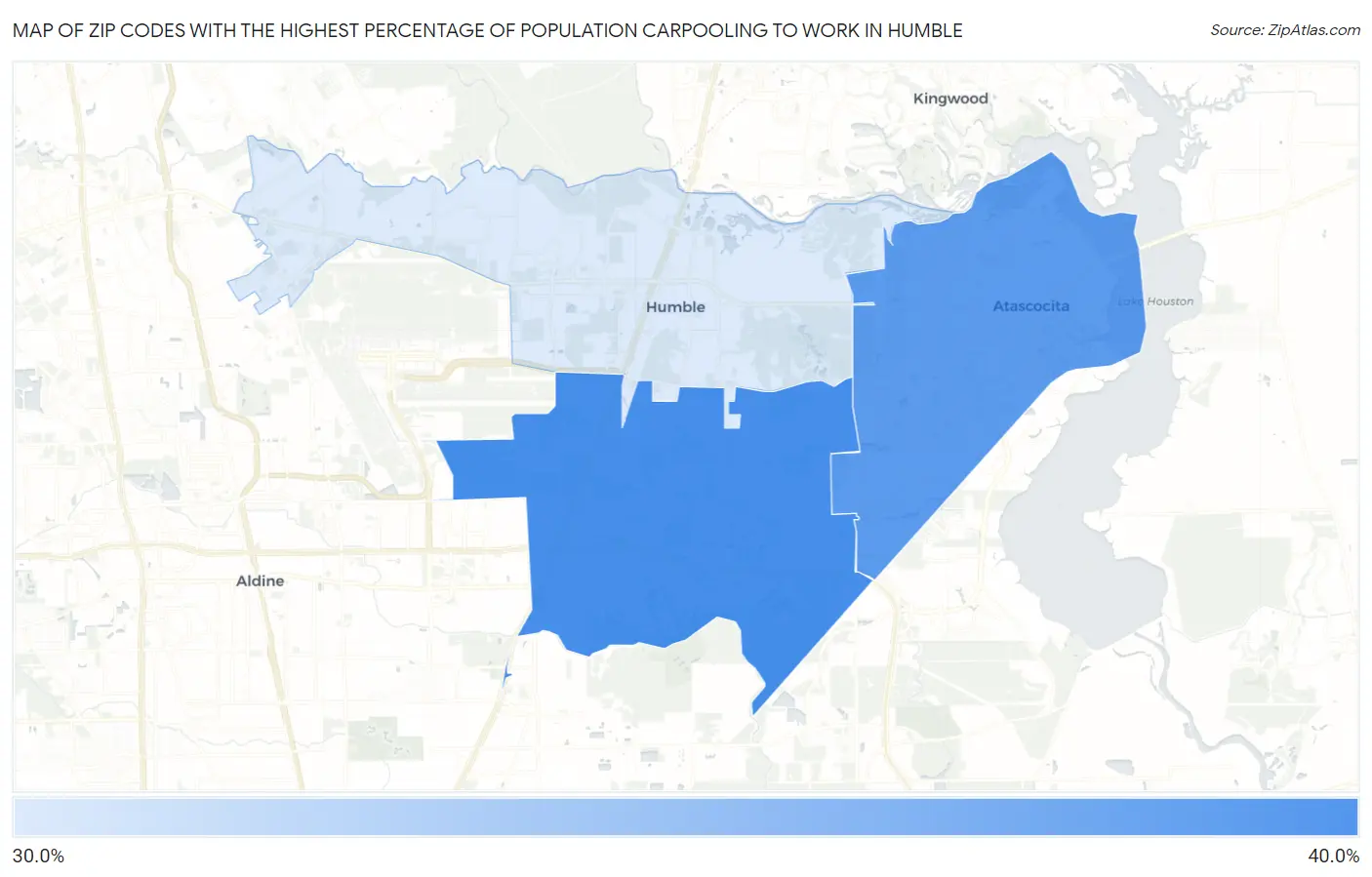 Zip Codes with the Highest Percentage of Population Carpooling to Work in Humble Map