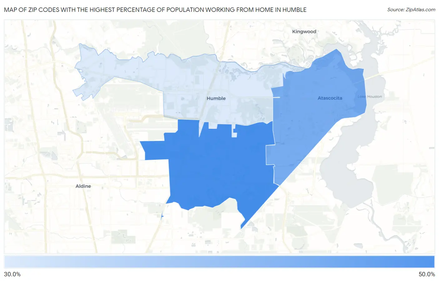 Zip Codes with the Highest Percentage of Population Working from Home in Humble Map