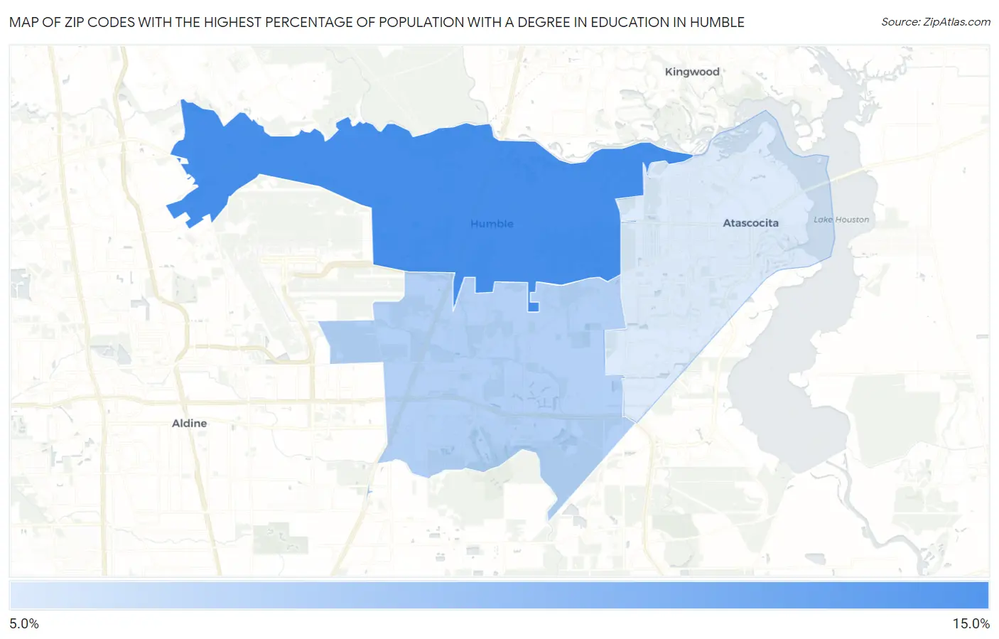 Zip Codes with the Highest Percentage of Population with a Degree in Education in Humble Map