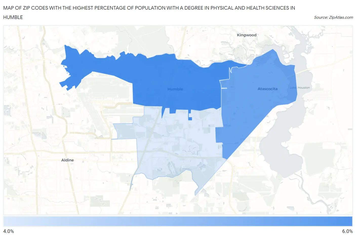 Zip Codes with the Highest Percentage of Population with a Degree in Physical and Health Sciences in Humble Map