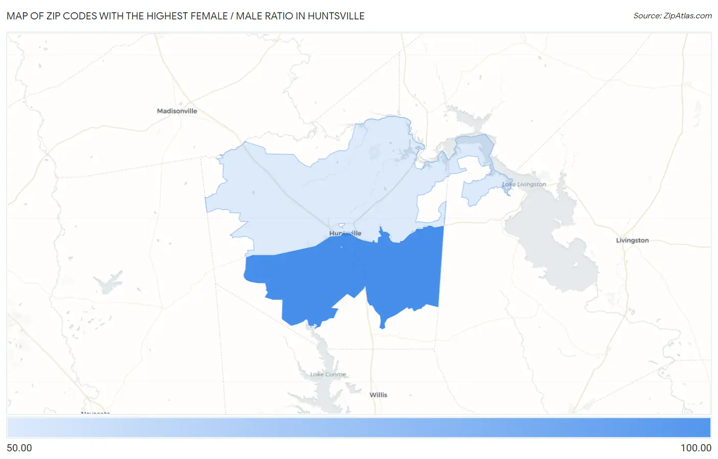 Zip Codes with the Highest Female / Male Ratio in Huntsville Map