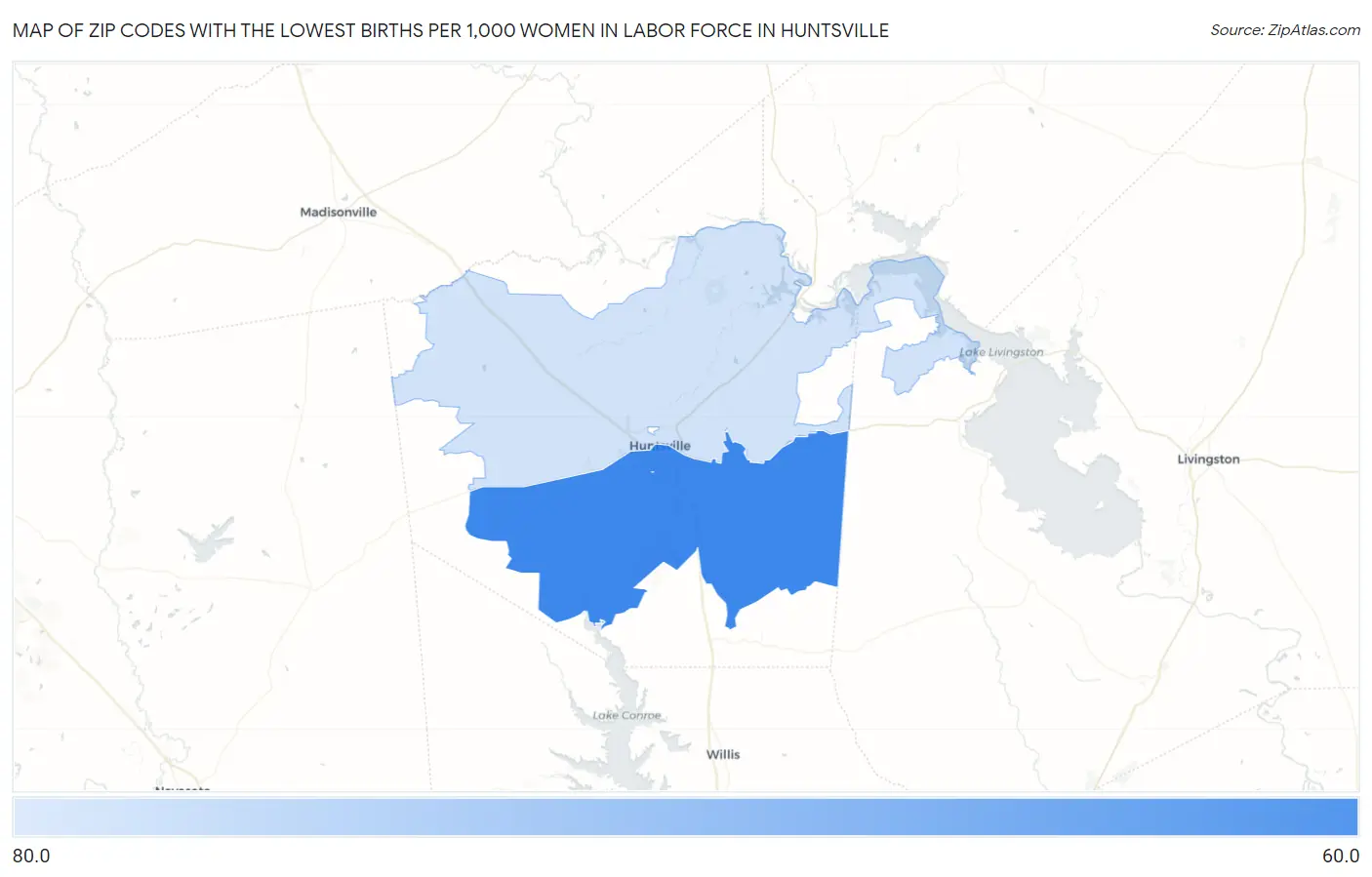 Zip Codes with the Lowest Births per 1,000 Women in Labor Force in Huntsville Map