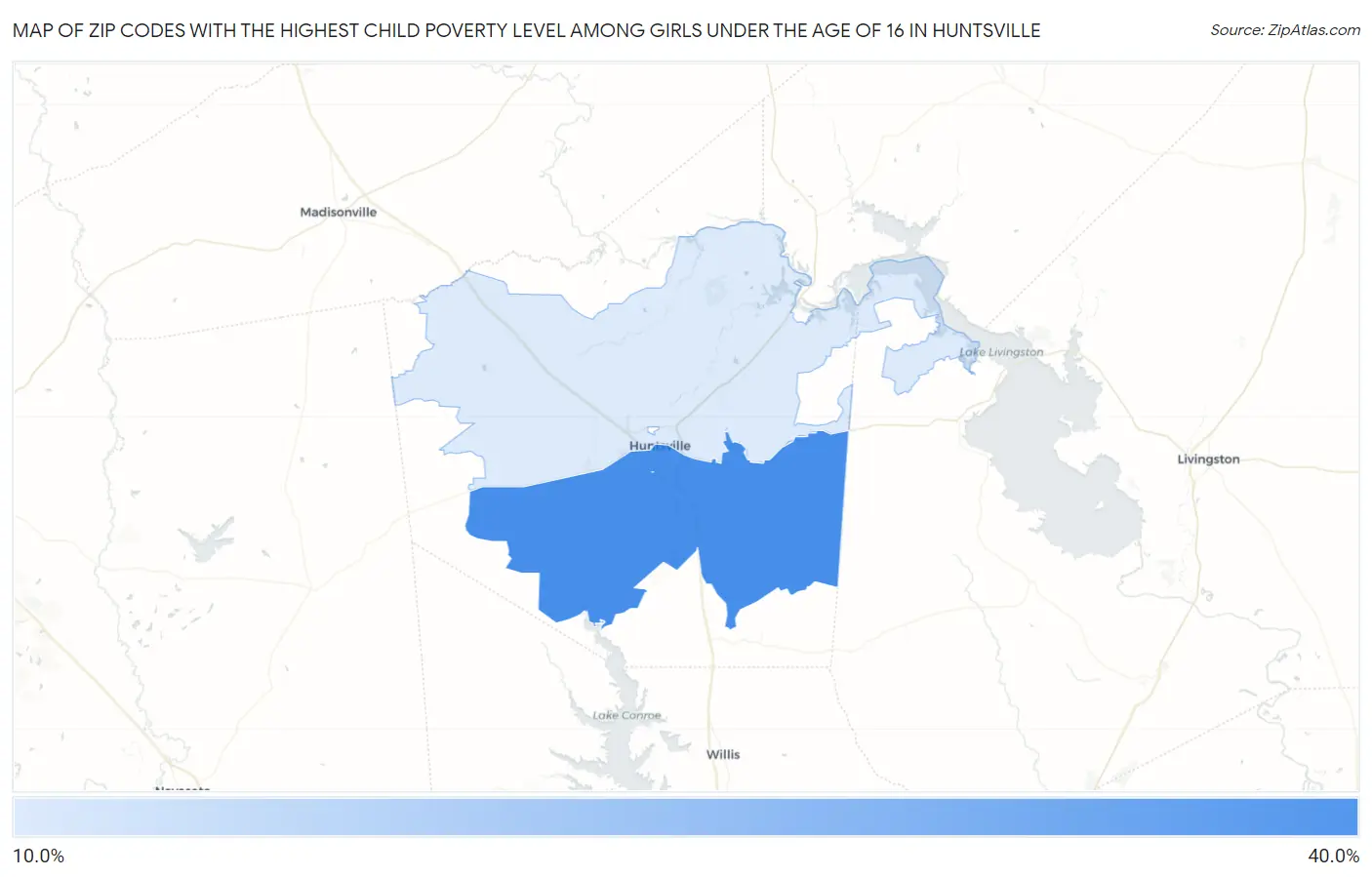 Zip Codes with the Highest Child Poverty Level Among Girls Under the Age of 16 in Huntsville Map