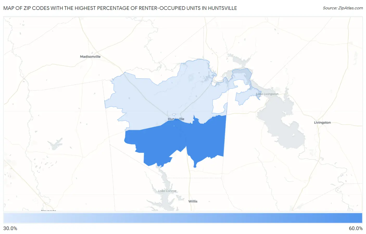 Zip Codes with the Highest Percentage of Renter-Occupied Units in Huntsville Map
