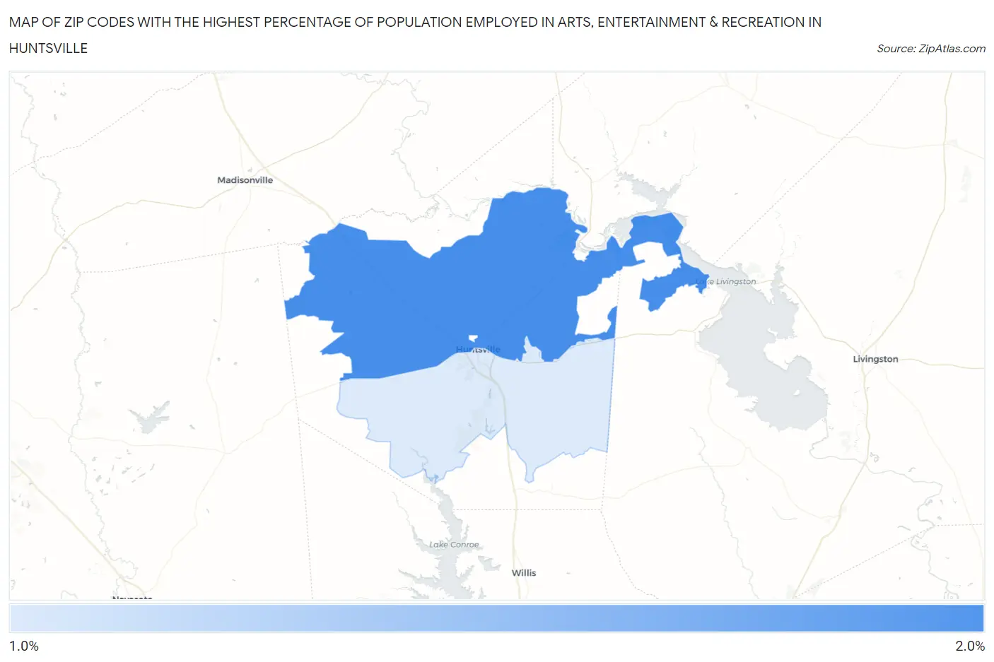 Zip Codes with the Highest Percentage of Population Employed in Arts, Entertainment & Recreation in Huntsville Map