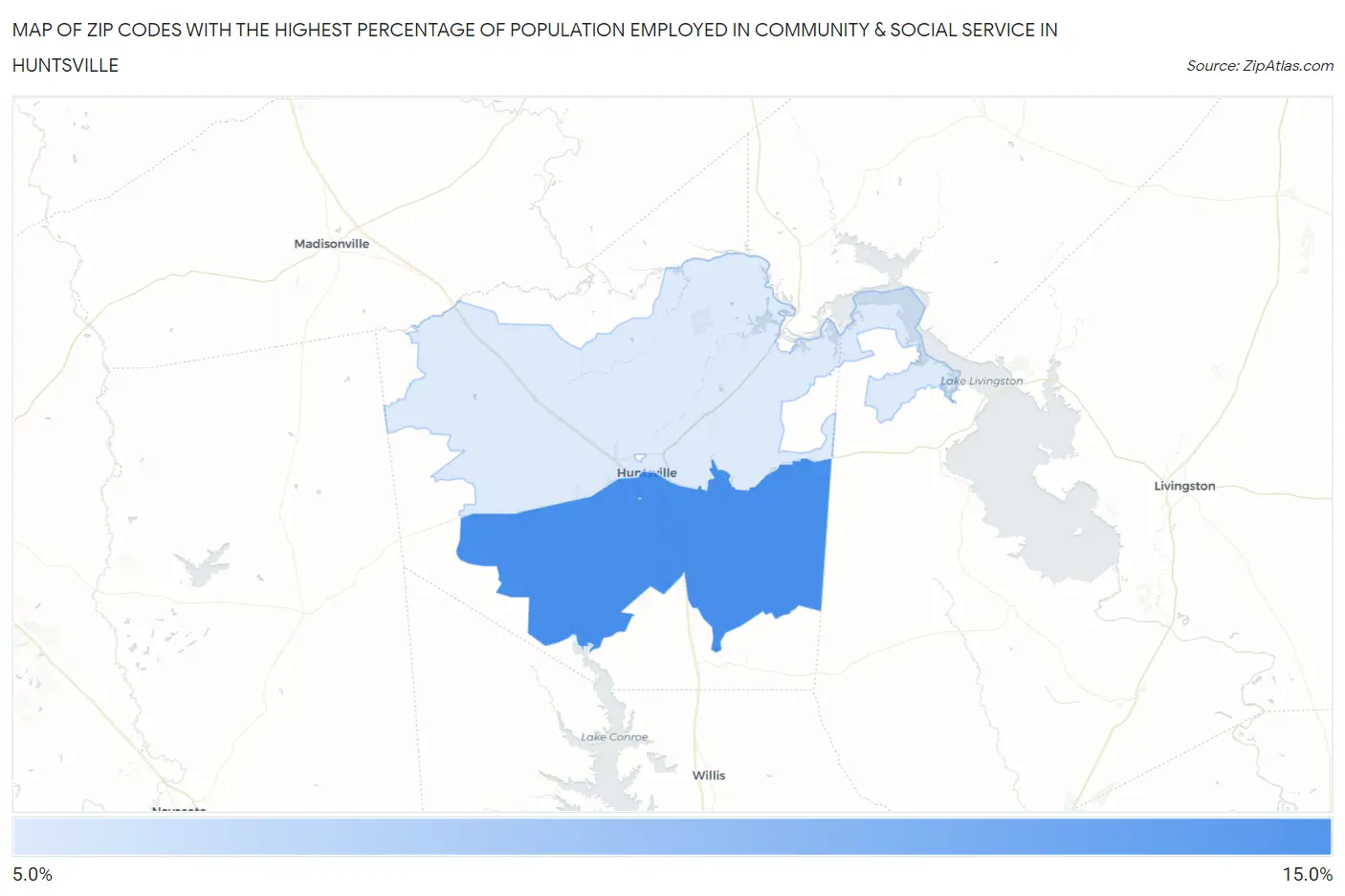 Zip Codes with the Highest Percentage of Population Employed in Community & Social Service  in Huntsville Map
