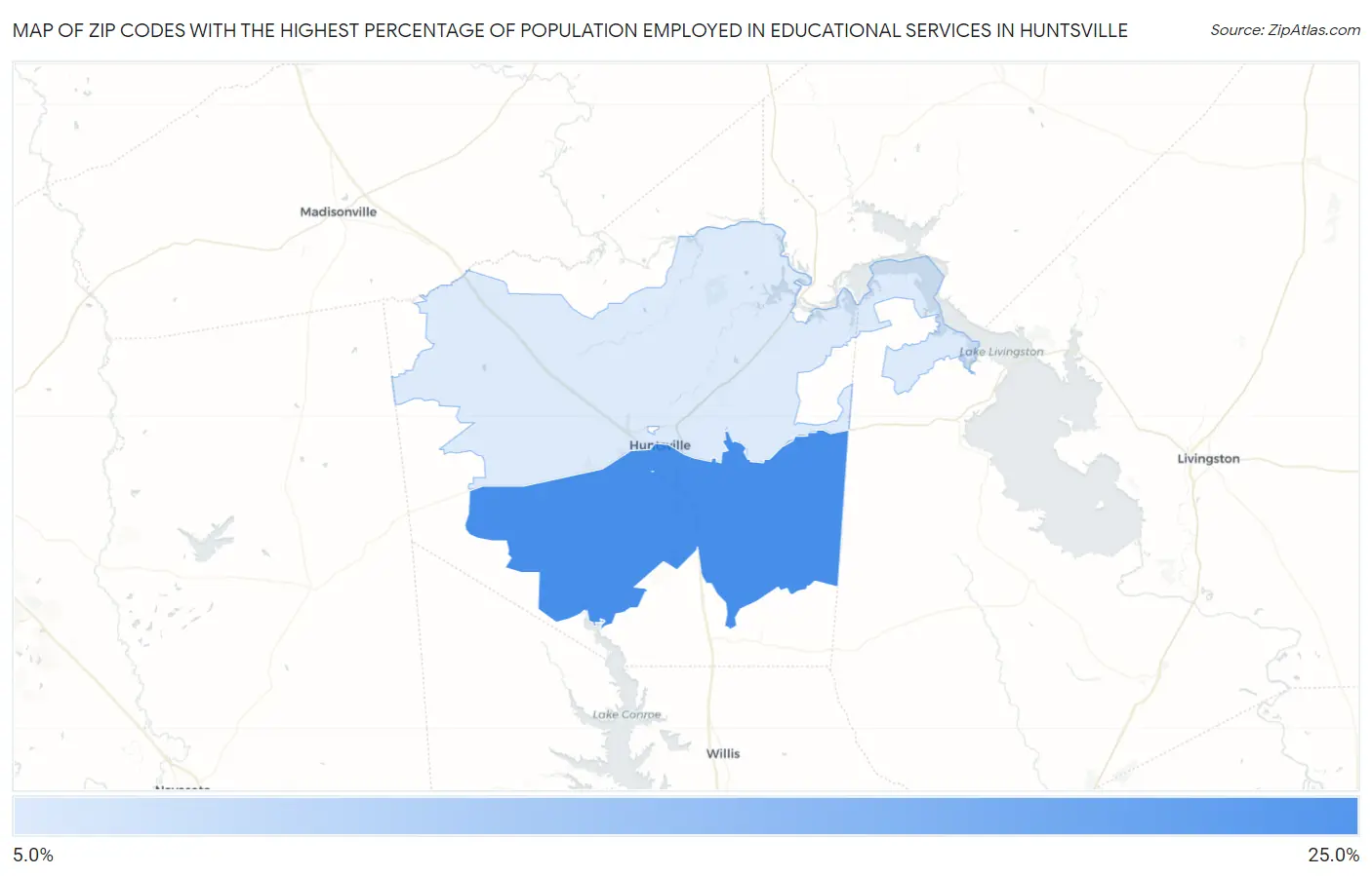 Zip Codes with the Highest Percentage of Population Employed in Educational Services in Huntsville Map