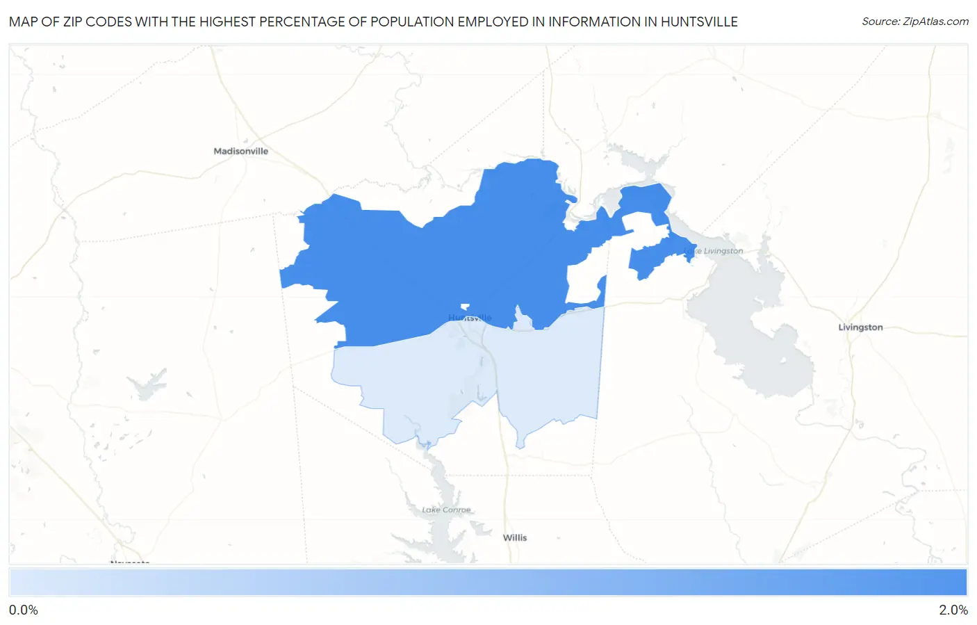 Zip Codes with the Highest Percentage of Population Employed in Information in Huntsville Map