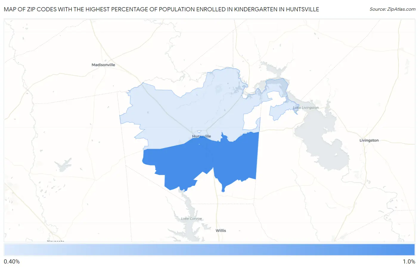 Zip Codes with the Highest Percentage of Population Enrolled in Kindergarten in Huntsville Map
