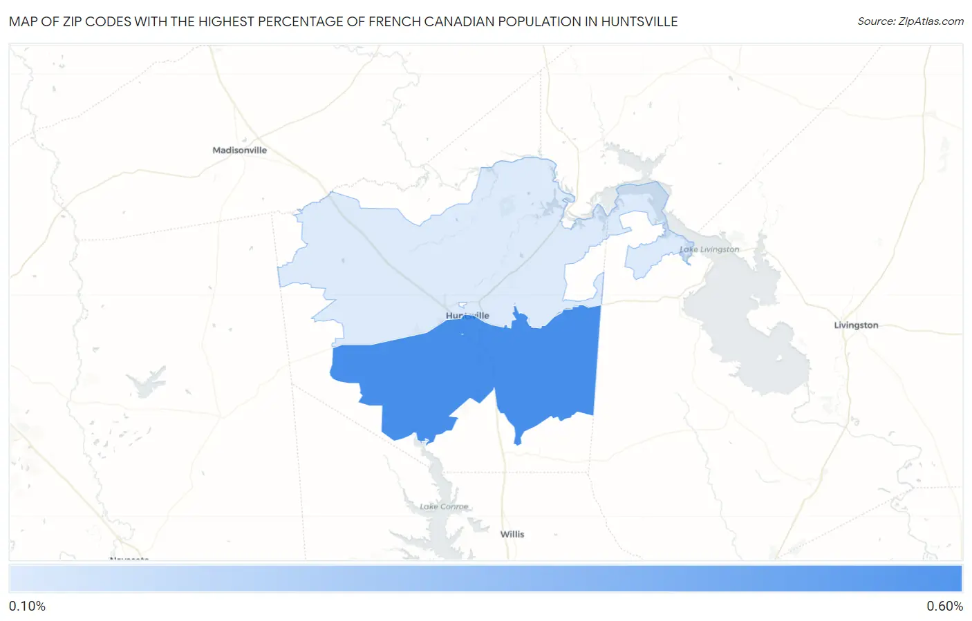 Zip Codes with the Highest Percentage of French Canadian Population in Huntsville Map