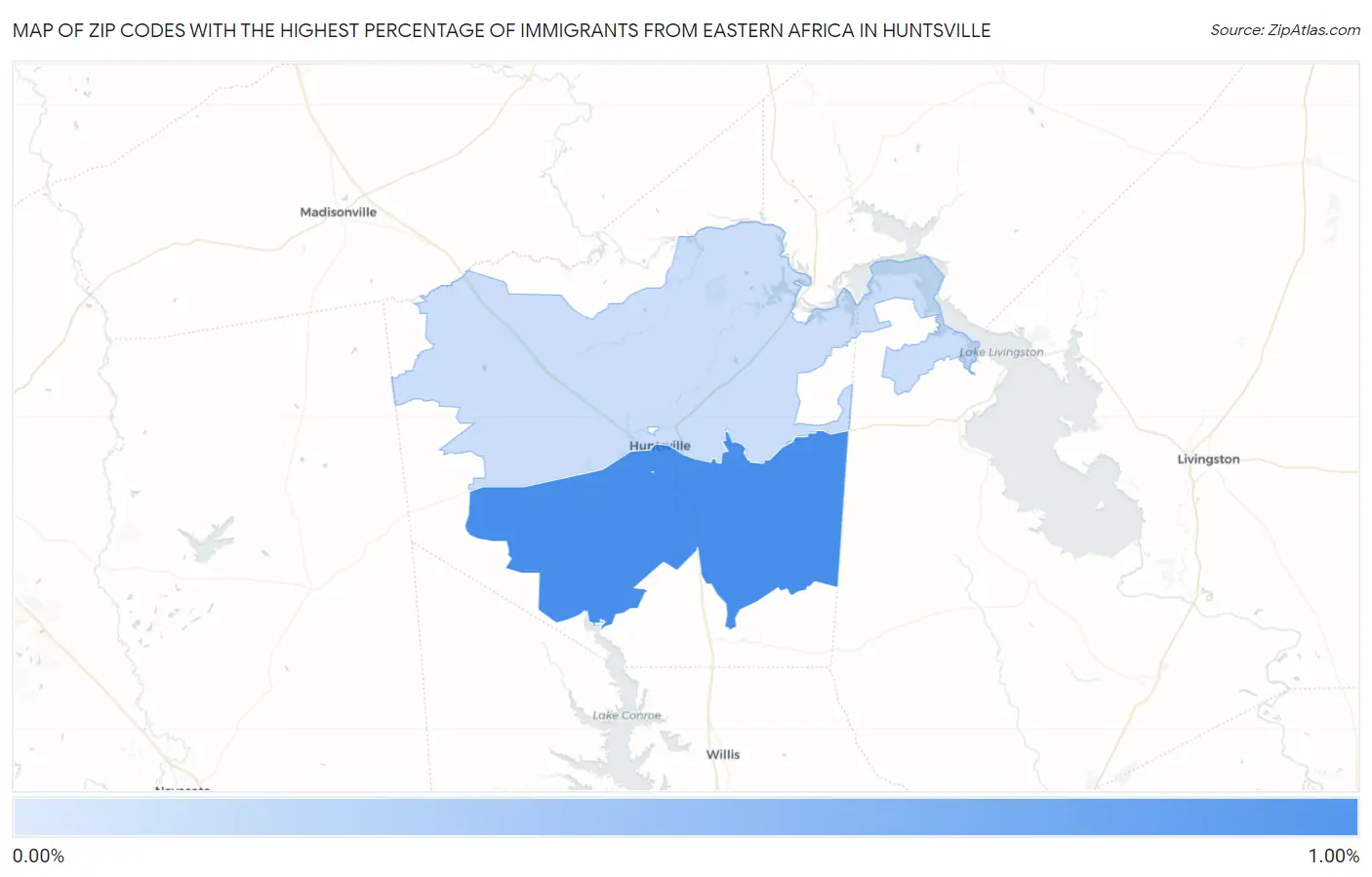 Zip Codes with the Highest Percentage of Immigrants from Eastern Africa in Huntsville Map