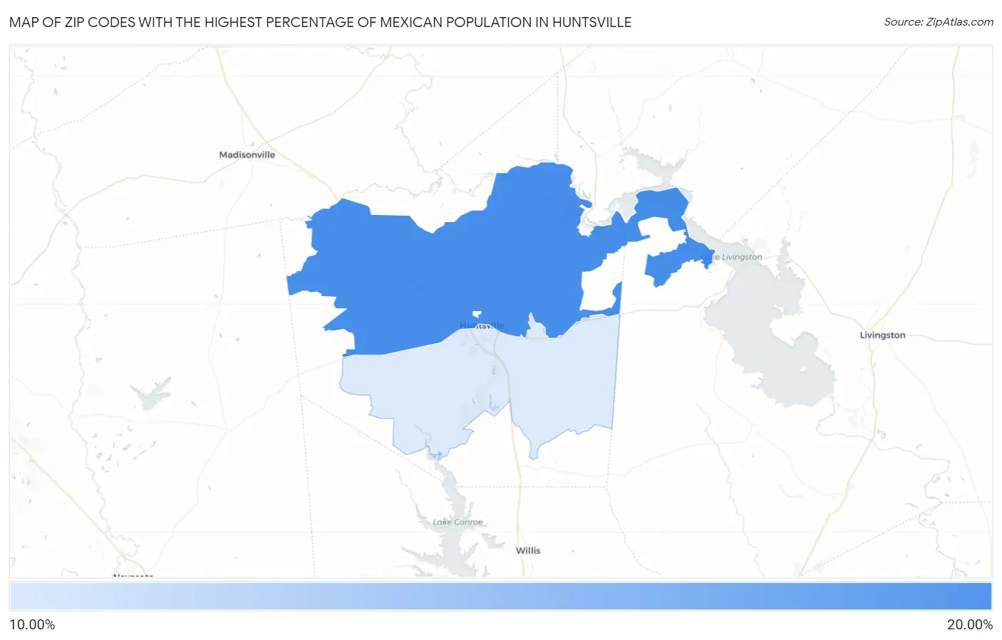 Zip Codes with the Highest Percentage of Mexican Population in Huntsville Map