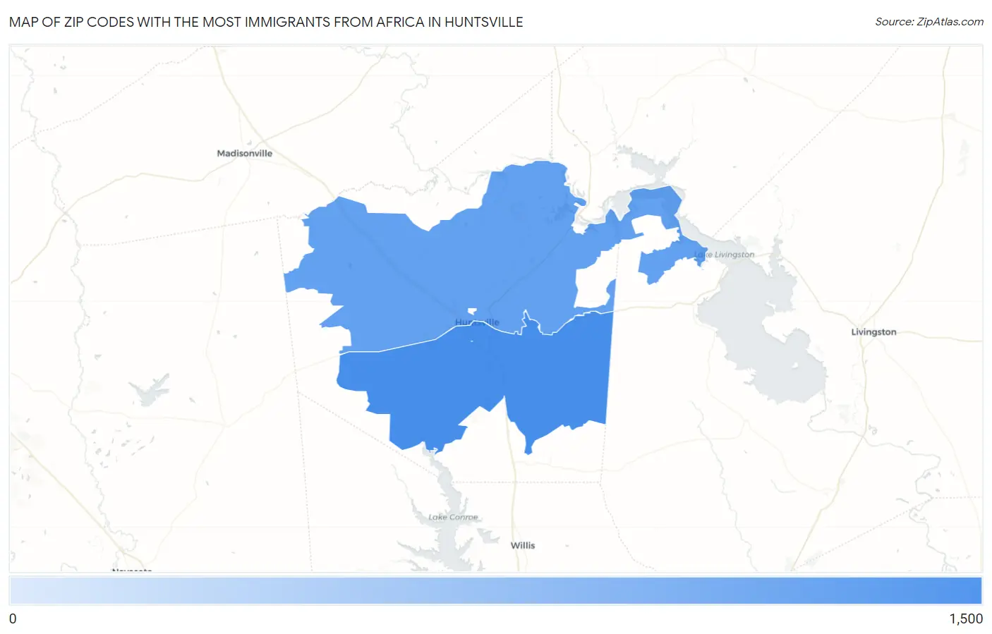 Zip Codes with the Most Immigrants from Africa in Huntsville Map