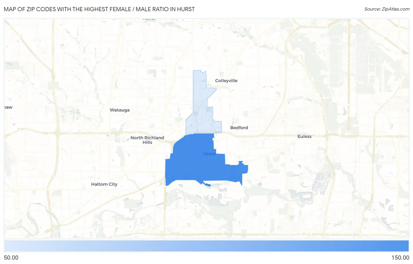 Zip Codes with the Highest Female / Male Ratio in Hurst Map